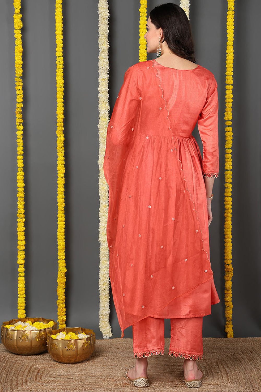 Orange Silk Blend Solid Embroidered Flared Suit Set