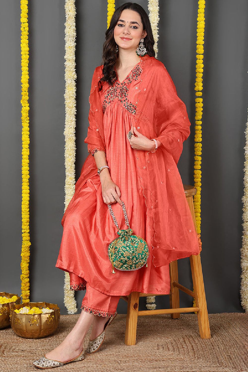 Orange Silk Blend Solid Embroidered Flared Suit Set