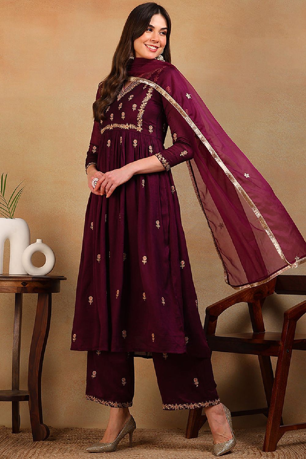 Purple Silk Blend Solid Embroidered Flared Empire Suit Set