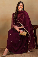 Purple Silk Blend Solid Embroidered Flared Empire Suit Set