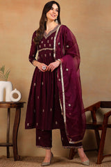 Purple Silk Blend Solid Embroidered Flared Empire Suit Set