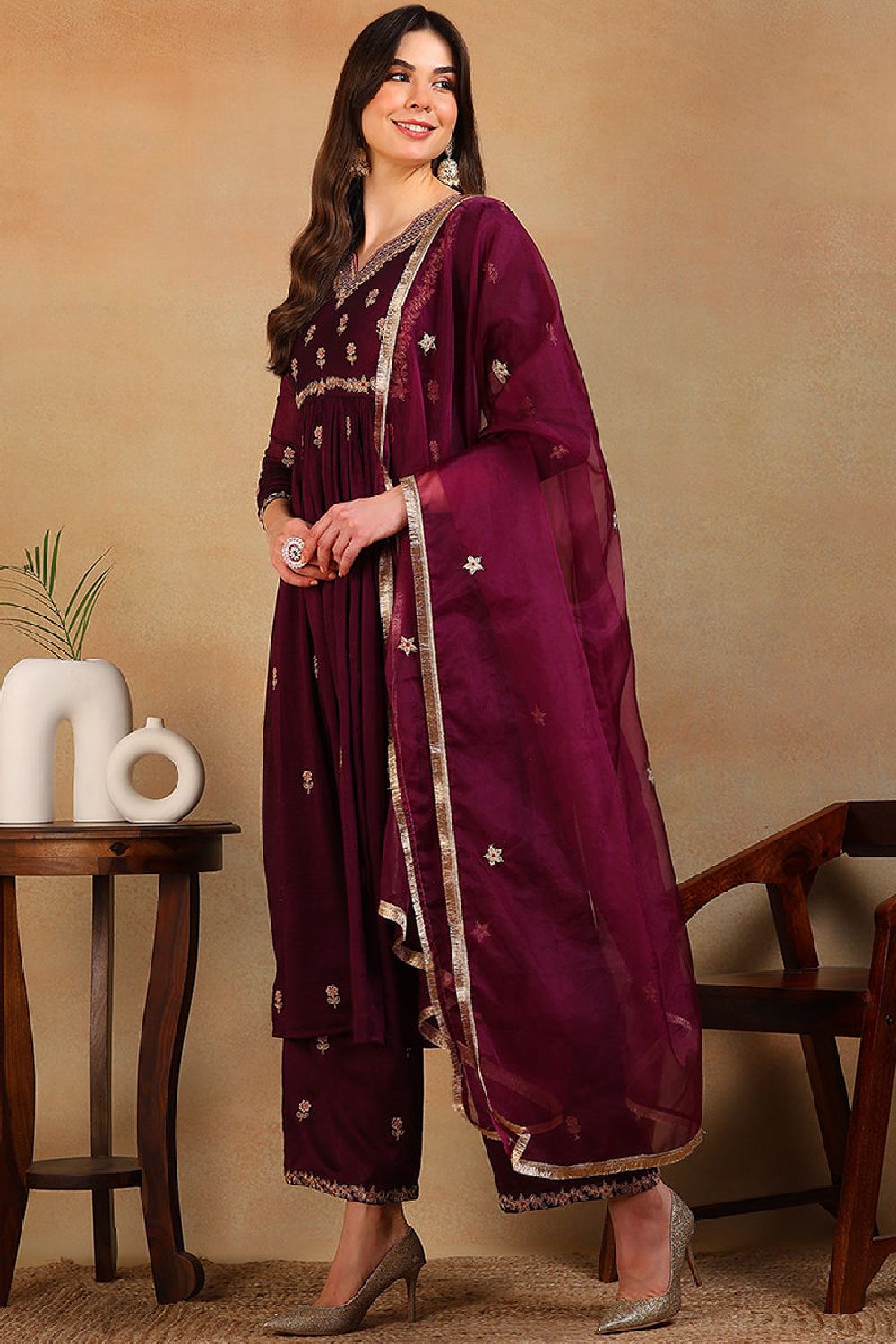 Purple Silk Blend Solid Embroidered Flared Empire Suit Set