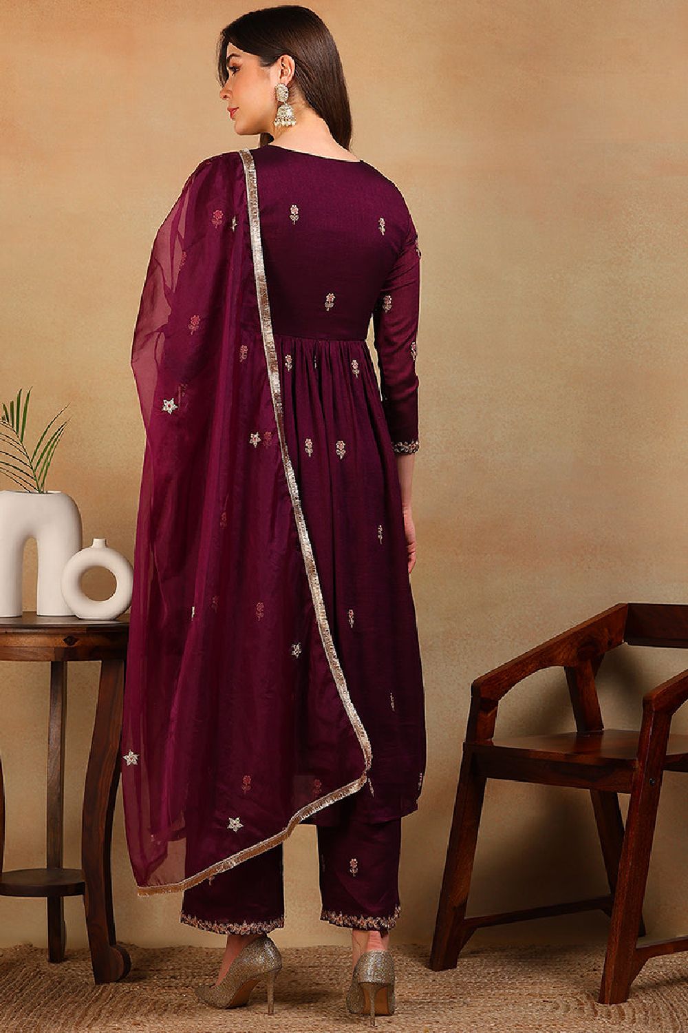 Purple Silk Blend Solid Embroidered Flared Empire Suit Set