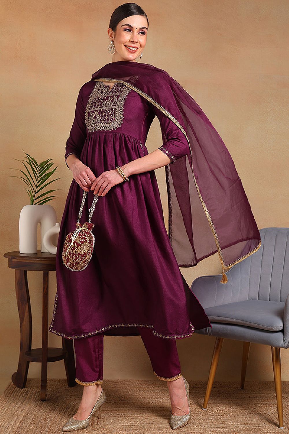 Purple Silk Blend Solid Yoke Design Flared Empire Suit Set