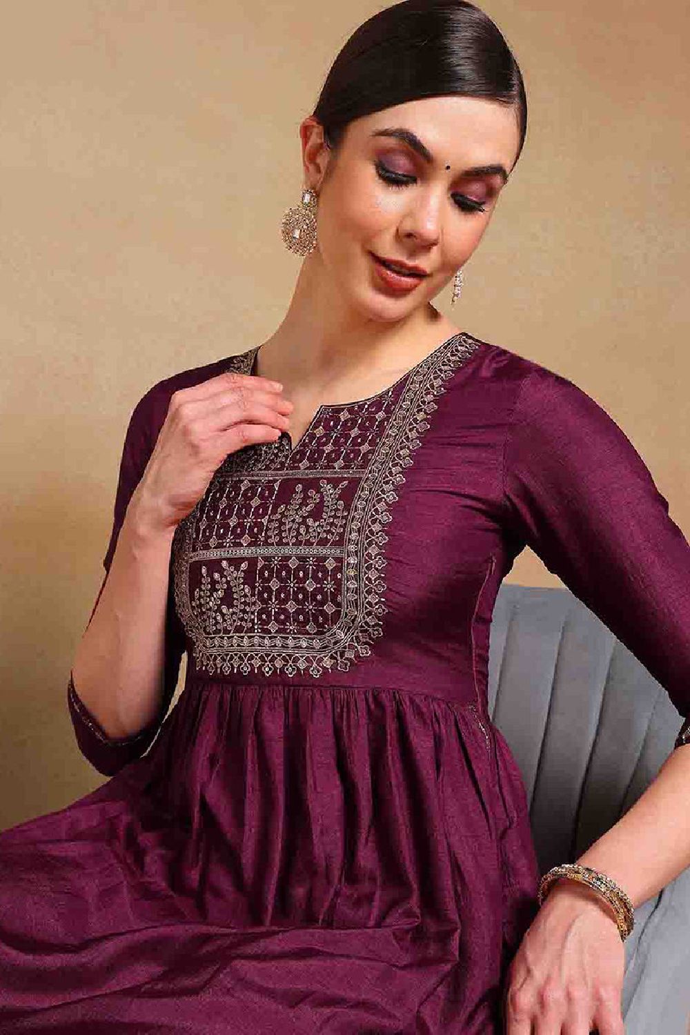 Purple Silk Blend Solid Yoke Design Flared Empire Suit Set