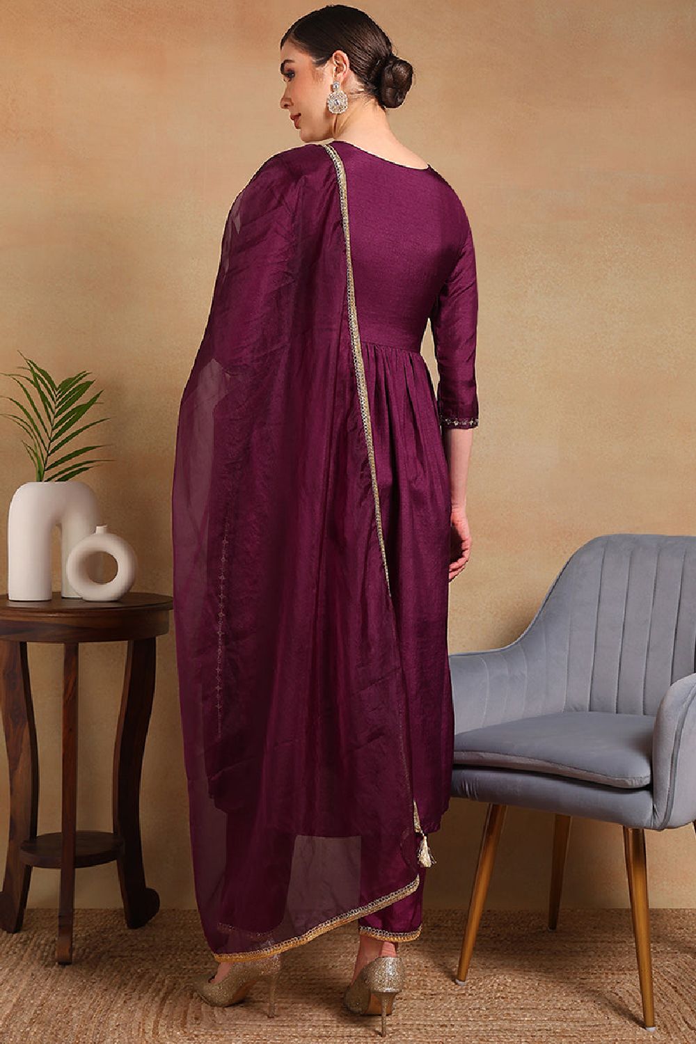 Purple Silk Blend Solid Yoke Design Flared Empire Suit Set