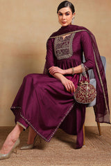 Purple Silk Blend Solid Yoke Design Flared Empire Suit Set