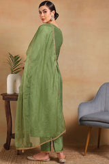 Green Silk Blend Solid Yoke Design Flared Empire Suit Set