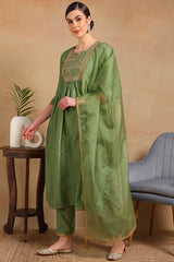 Green Silk Blend Solid Yoke Design Flared Empire Suit Set