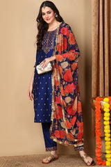 Navy Blue Silk Blend Solid Embroidered Straight Suit Set