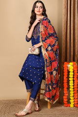 Navy Blue Silk Blend Solid Embroidered Straight Suit Set