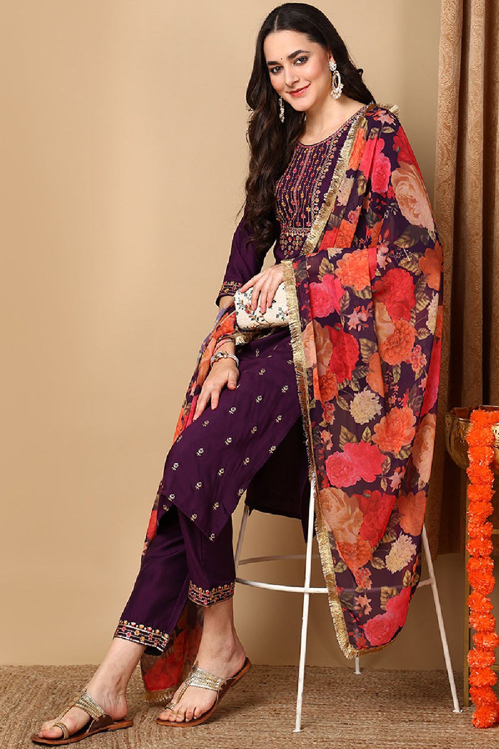 Purple Silk Blend Solid Embroidered Straight Suit Set