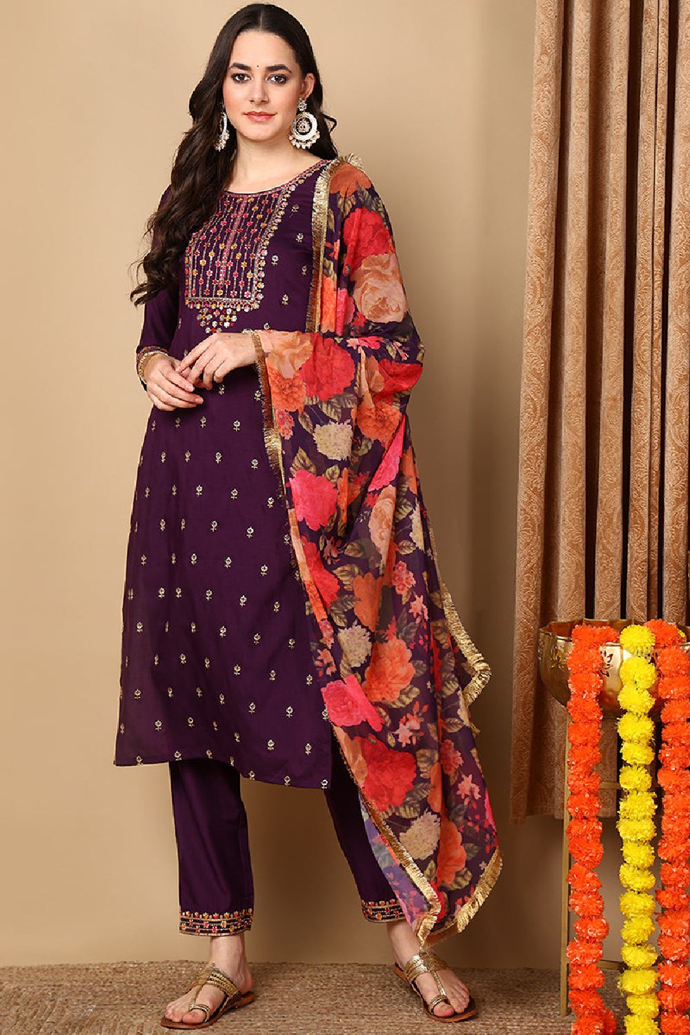 Purple Silk Blend Solid Embroidered Straight Suit Set