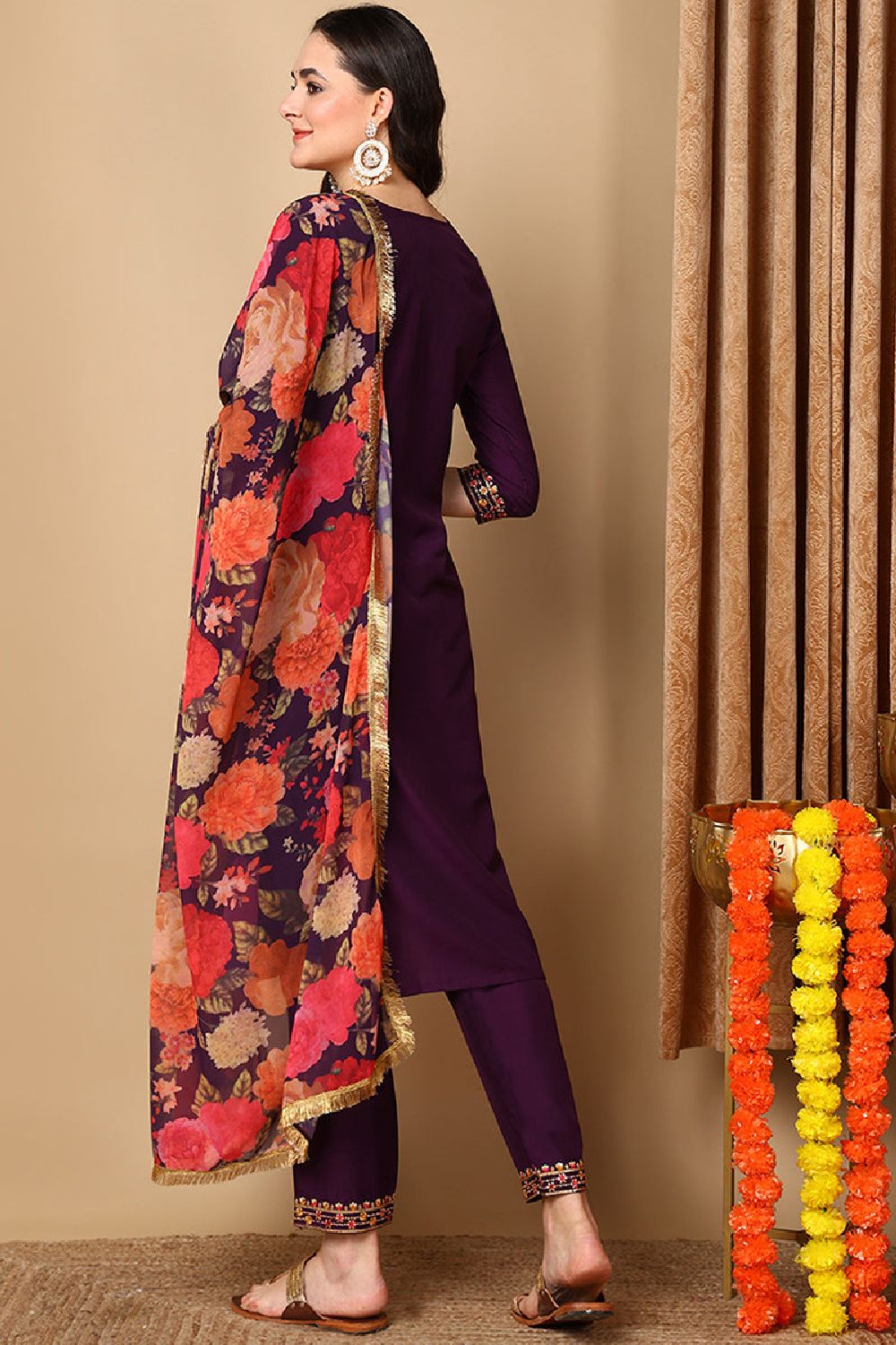 Purple Silk Blend Solid Embroidered Straight Suit Set