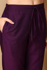 Purple Silk Blend Solid Embroidered Straight Suit Set