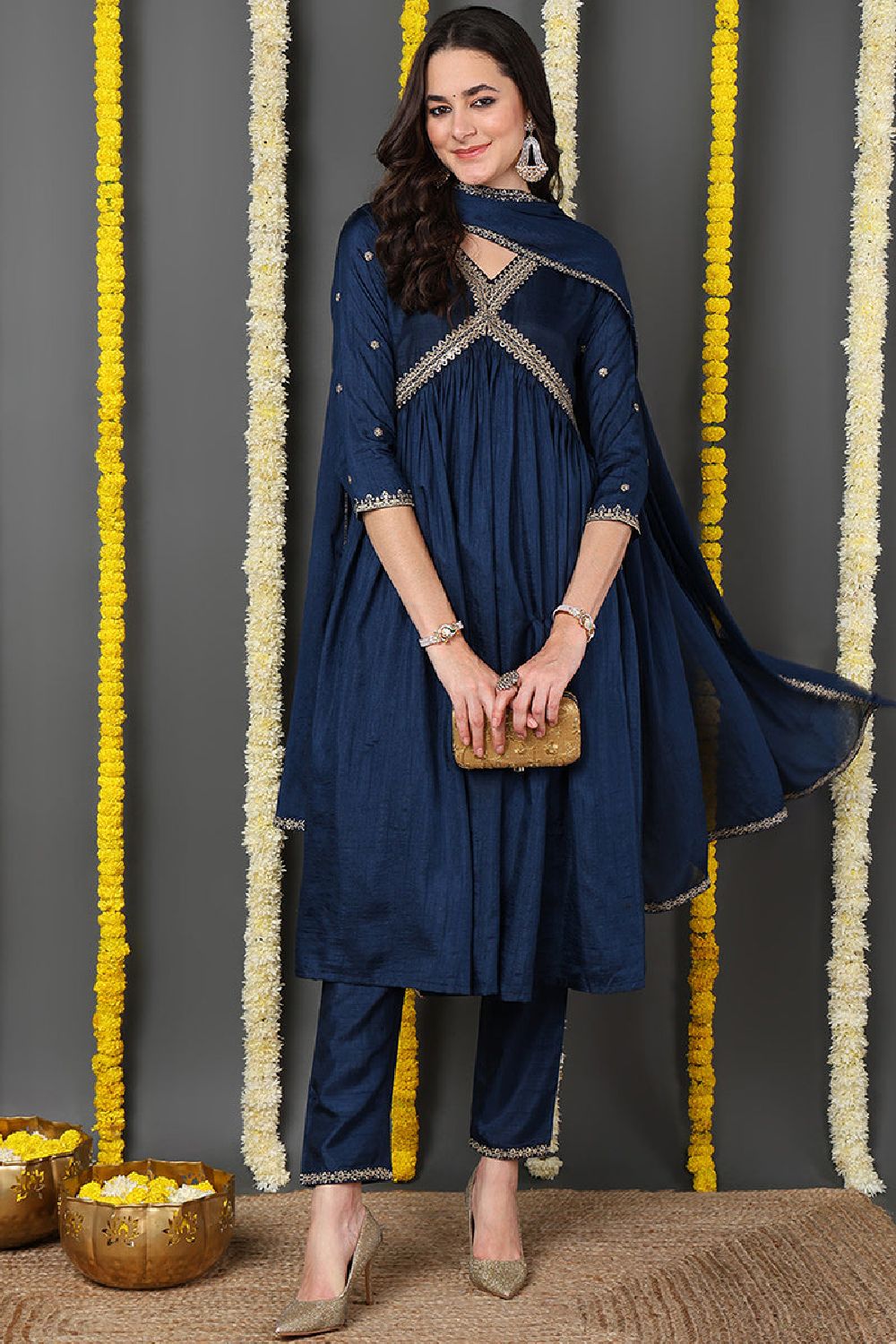 Navy Blue Silk Blend Solid Embroidered Flared Suit Set