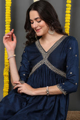 Navy Blue Silk Blend Solid Embroidered Flared Suit Set