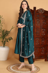 Green Silk Blend Solid Embroidered Flared Suit Set