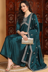 Green Silk Blend Solid Embroidered Flared Suit Set