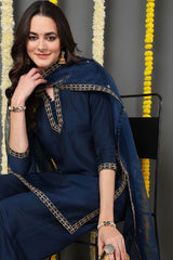 Blue Silk Blend Solid Embroidered Straight Suit Set