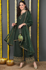 Green Silk Blend Solid Embroidered Straight Suit Set