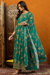 Green Georgette Floral Printed Flared Suit Set