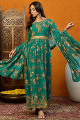 Green Georgette Floral Printed Flared Suit Set