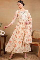 Off White Georgette Floral Printed Flared Suit Set