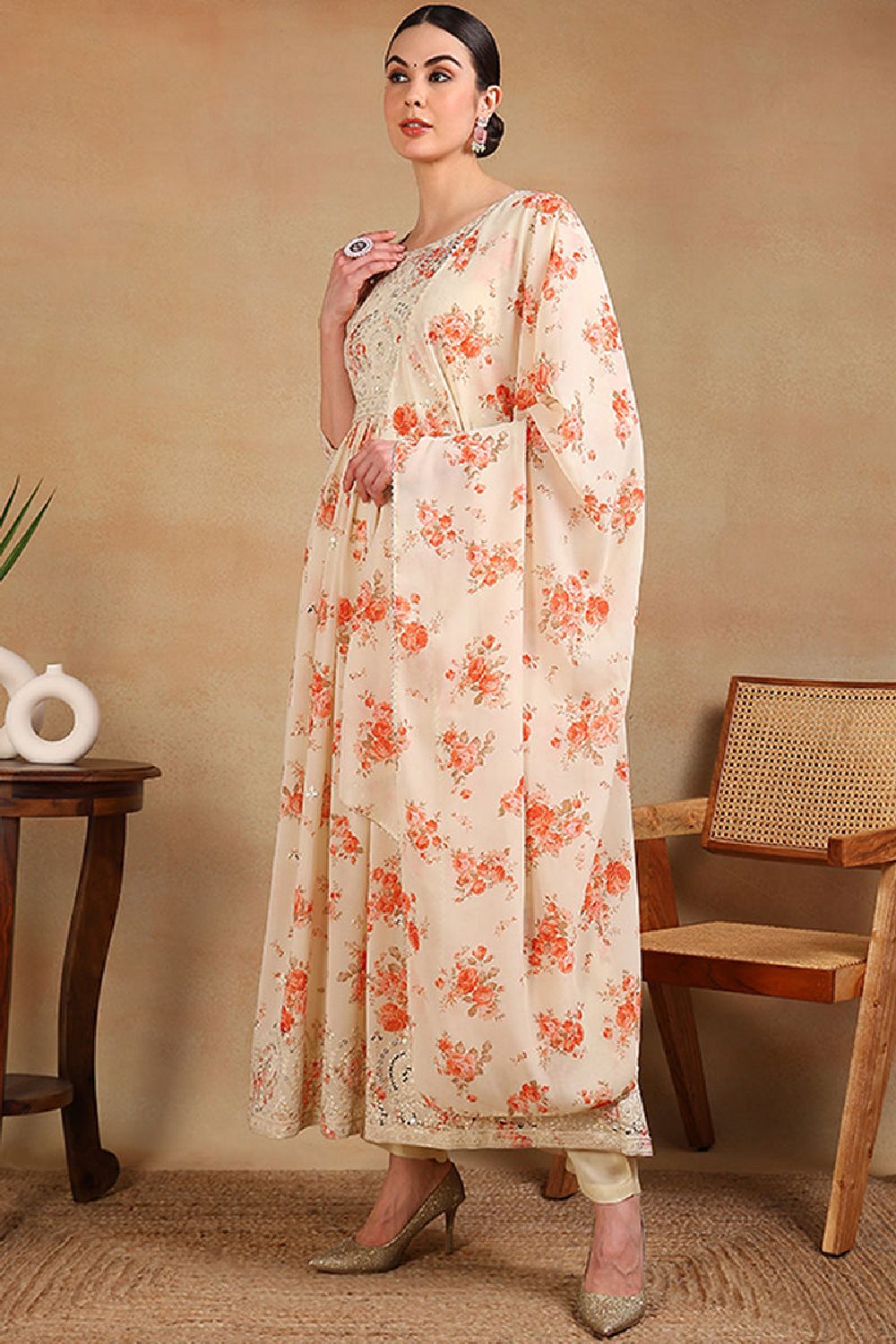 Off White Georgette Floral Printed Flared Suit Set