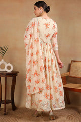 Off White Georgette Floral Printed Flared Suit Set