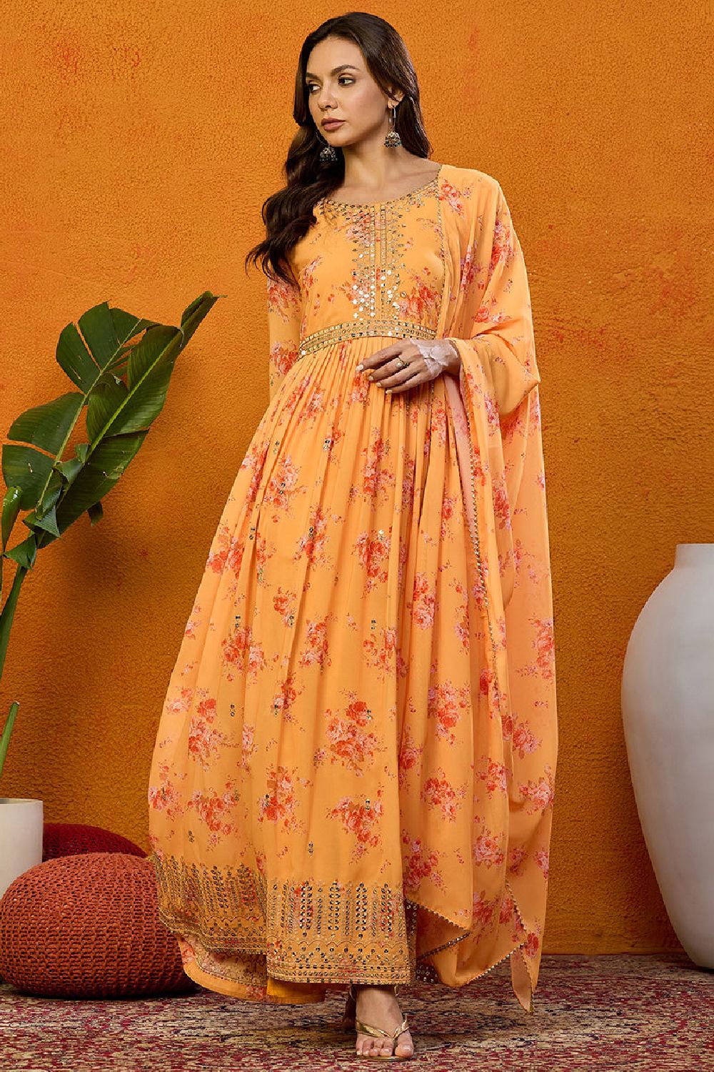 Orange Georgette Floral Printed Flared Suit Set