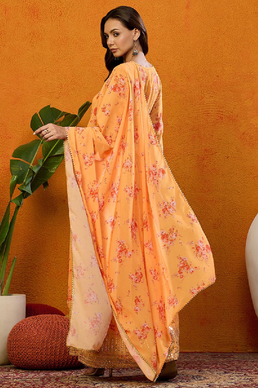 Orange Georgette Floral Printed Flared Suit Set