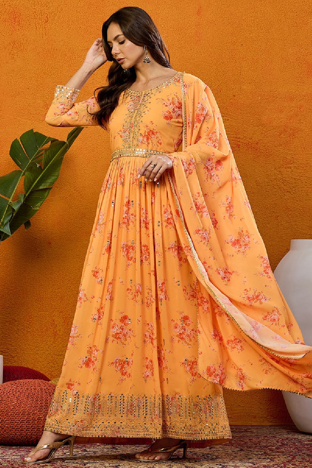 Orange Georgette Floral Printed Flared Suit Set