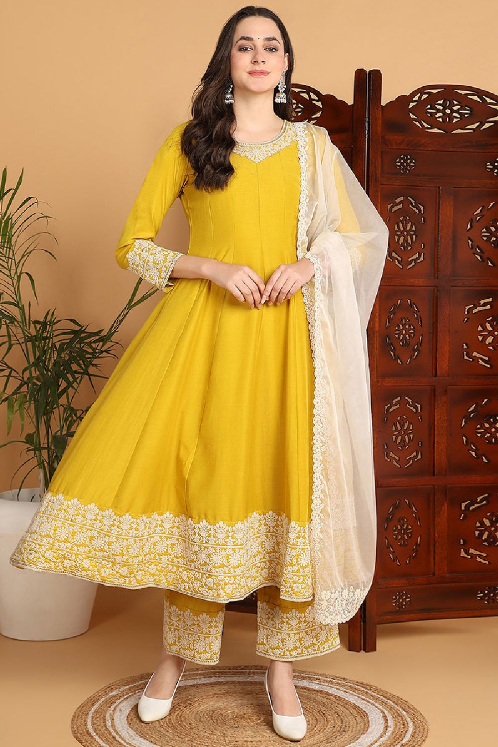 Yellow Silk Blend Solid Embroidered Flared Suit Set