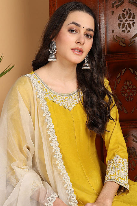 Yellow Silk Blend Solid Embroidered Flared Suit Set