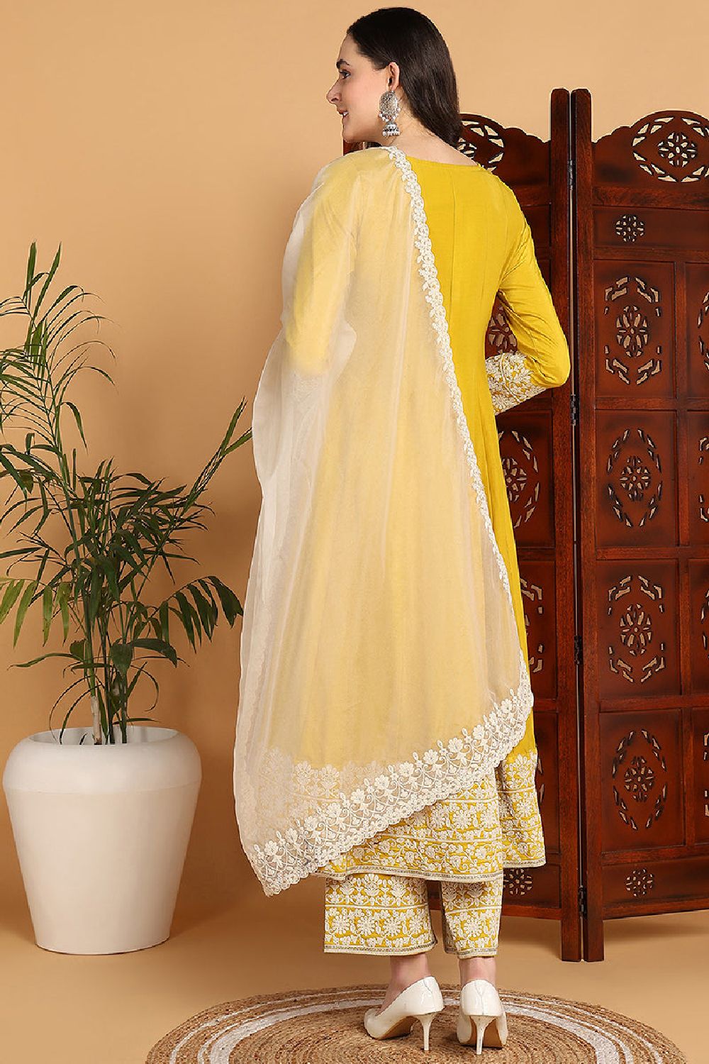 Yellow Silk Blend Solid Embroidered Flared Suit Set