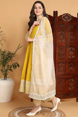 Yellow Silk Blend Solid Embroidered Flared Suit Set