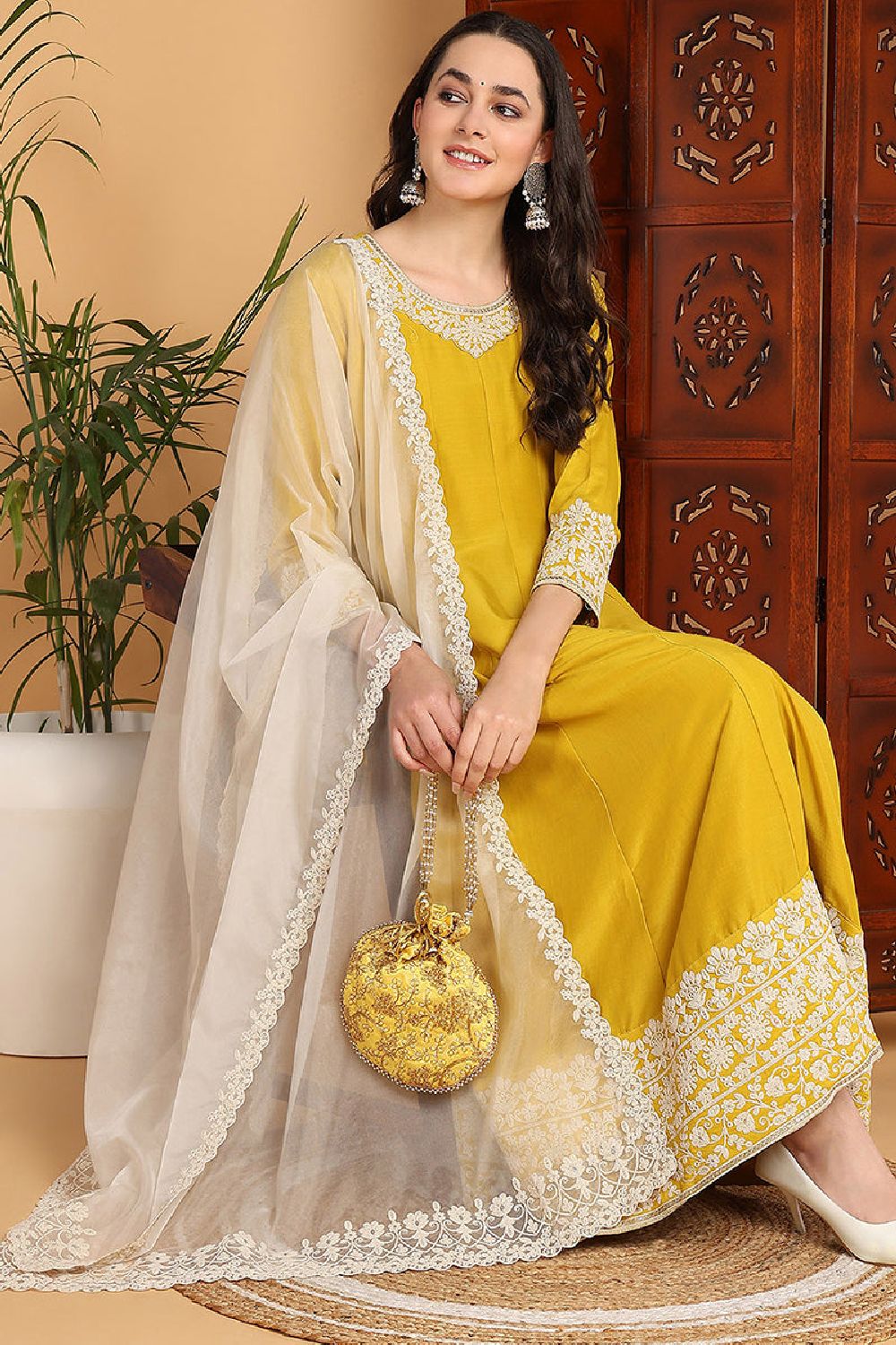 Yellow Silk Blend Solid Embroidered Flared Suit Set