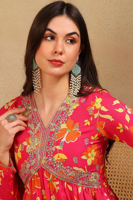 Pink Poly Georgette Floral Printed Flared Empire Suit Set