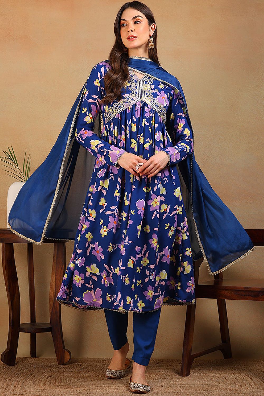 Blue Poly Georgette Floral Printed Flared Suit Set