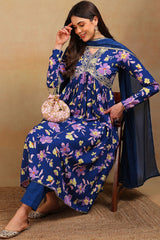 Blue Poly Georgette Floral Printed Flared Suit Set