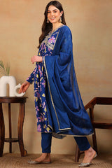 Blue Poly Georgette Floral Printed Flared Suit Set