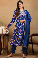 Blue Poly Georgette Floral Printed Flared Suit Set