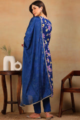 Blue Poly Georgette Floral Printed Flared Suit Set