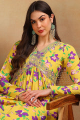 Yellow Poly Georgette Floral Printed Flared Empire Suit Set