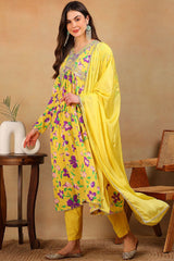 Yellow Poly Georgette Floral Printed Flared Empire Suit Set