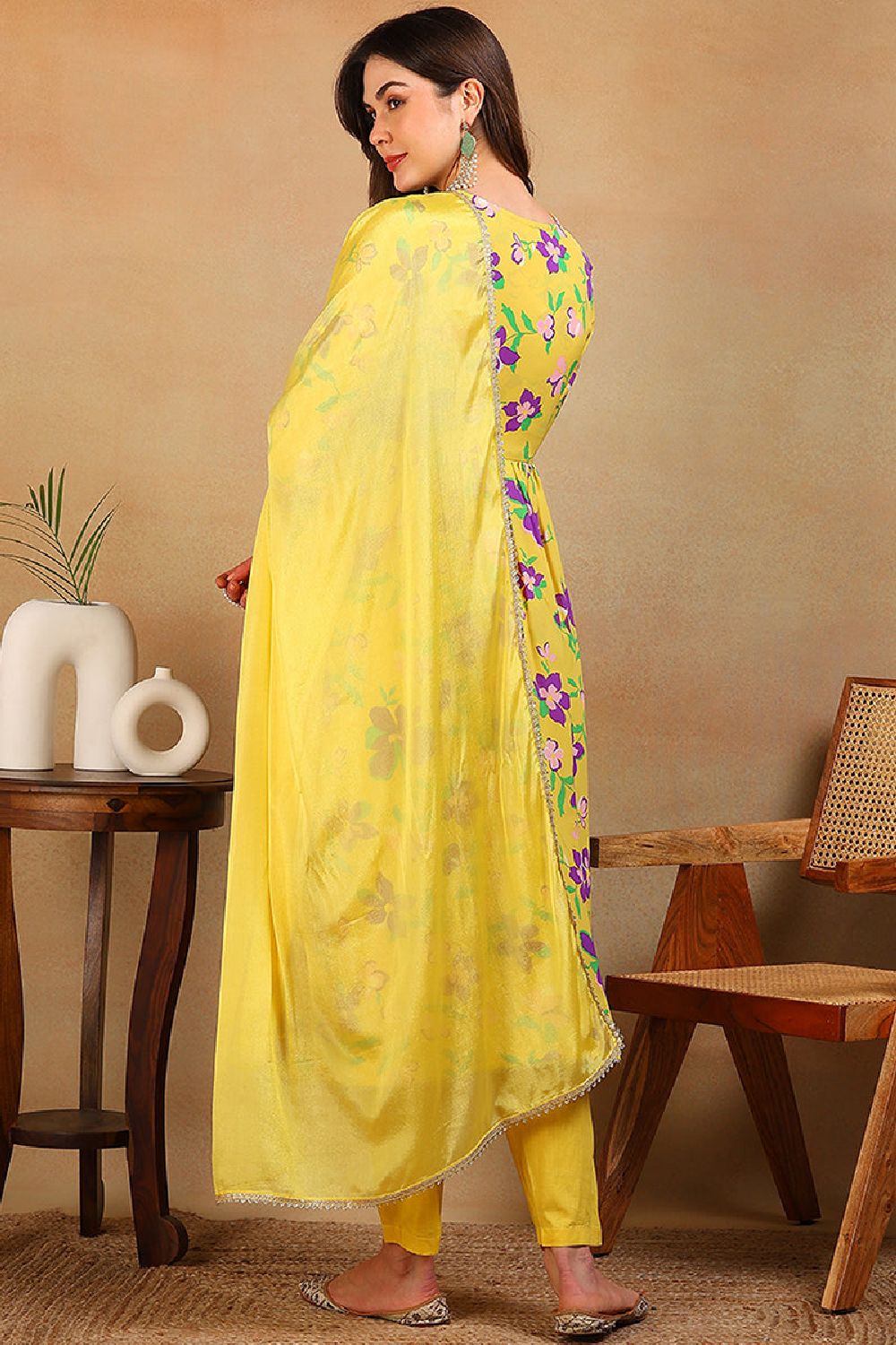 Yellow Poly Georgette Floral Printed Flared Empire Suit Set