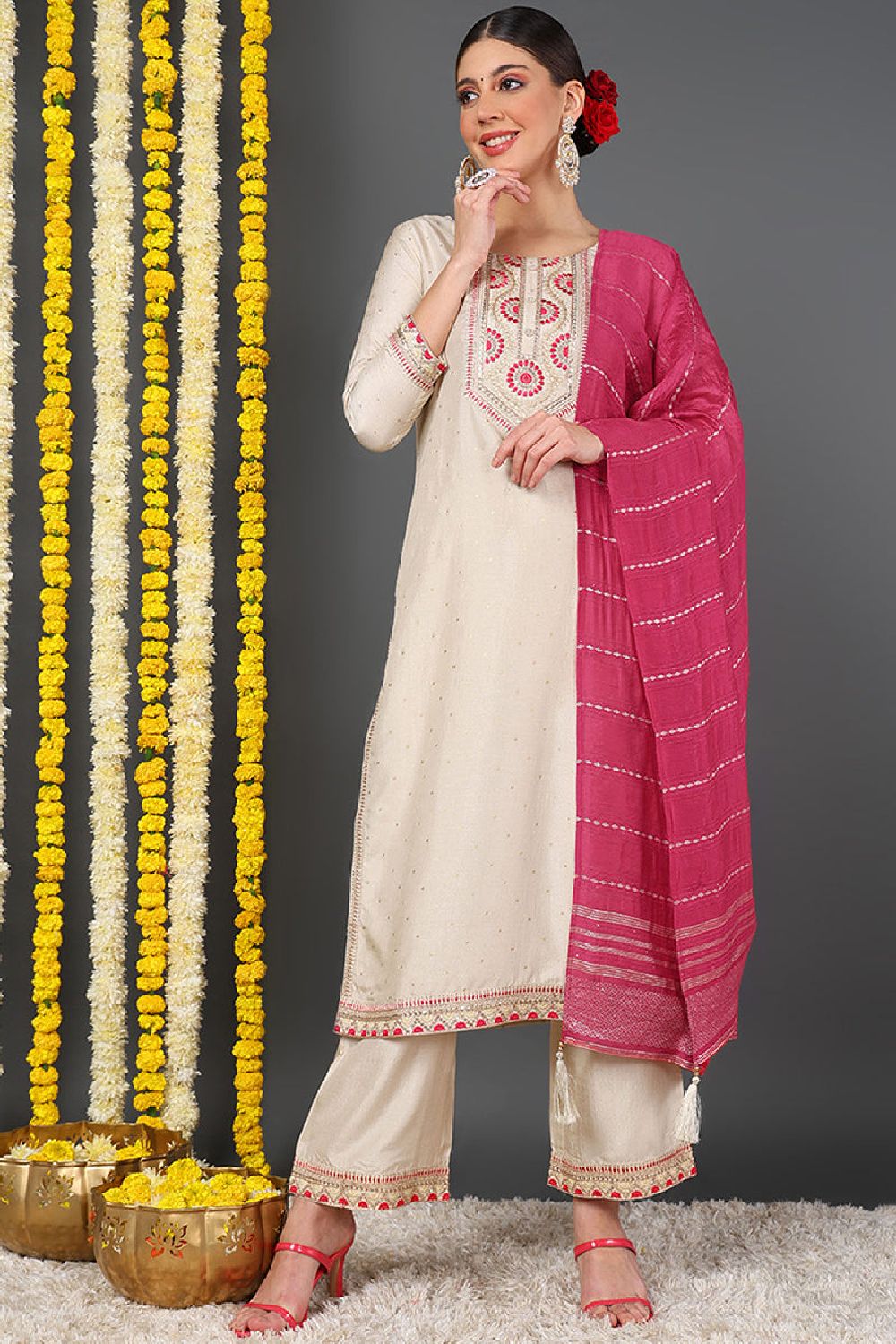 Off White Silk Blend Solid Yoke Design Straight Suit Set