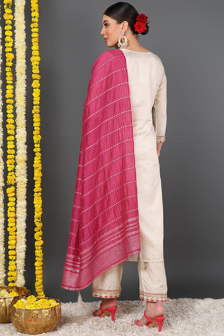 Off White Silk Blend Solid Yoke Design Straight Suit Set