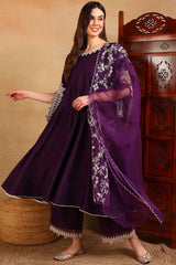 Purple Silk Blend Solid Embroidered Flared Suit Set